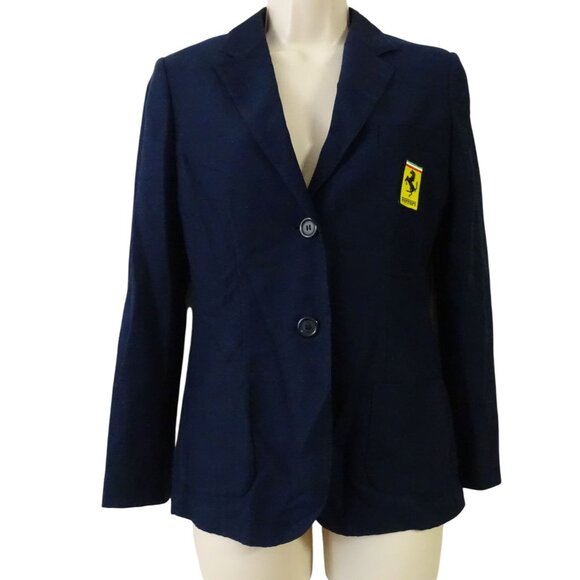 Ferrari Logo Patch Navy Blue Blazer Jacket Women Size 42 S Cotton Made in Italy - Picture 1 of 13